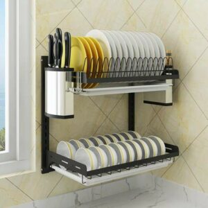 Boonhardware SHKA0185BL Stainless Steel Kitchen Wall Mounted 2 Tier Dish Drainer Rack Only - Black